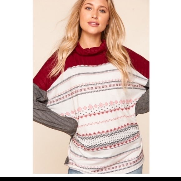 Ribbed Crimson Cowl Neck Turtleneck with French Terry Ethnic/Tribal Print - Picture 4 of 12